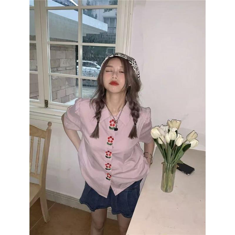 

Fashionable Women s Short Sleeved Shirt French Retro Embroidery Design Tops Korean Style Simple Sweet Ladies Clothing XXL