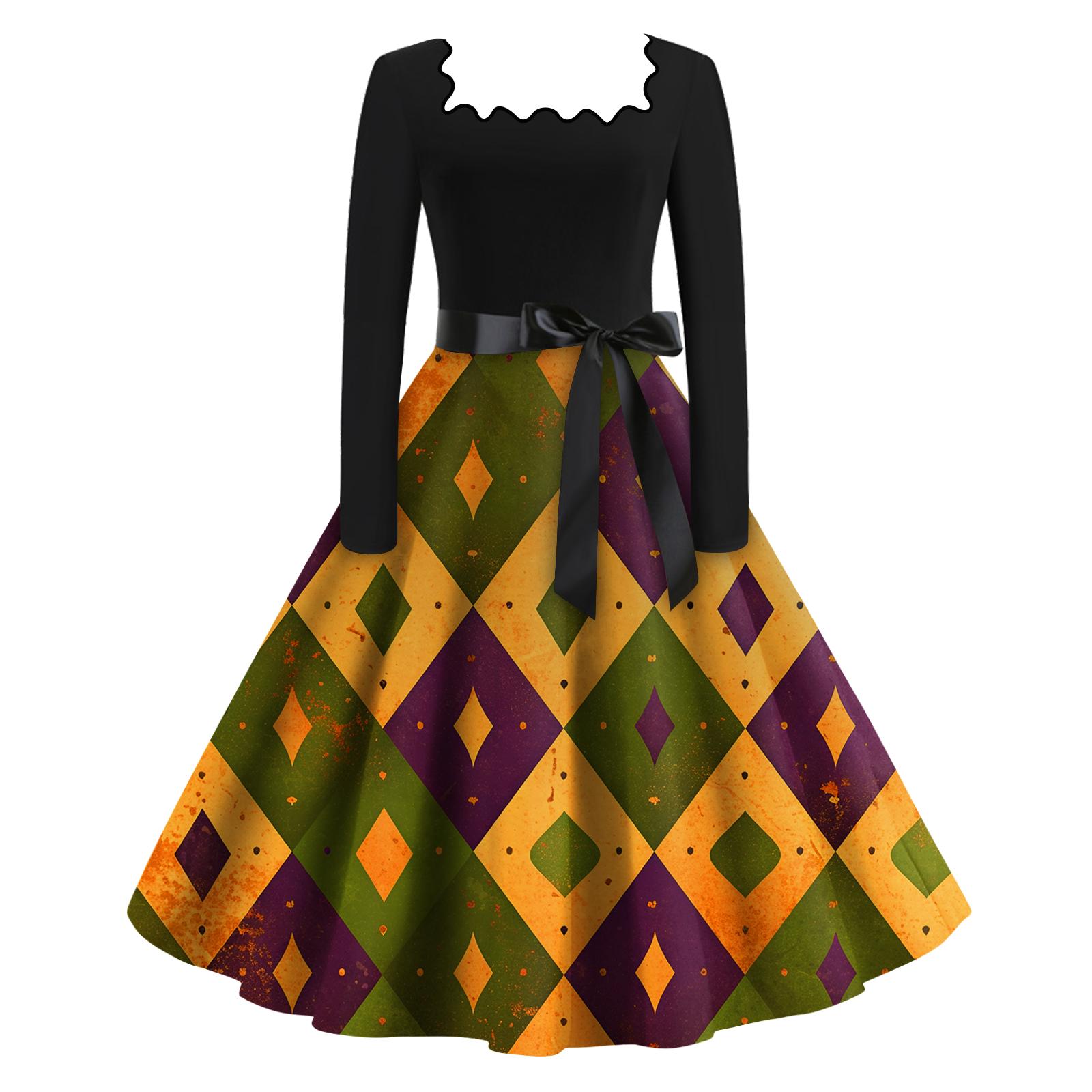 Women s Casual Fashion Square Neck Long Sleeve Carnival Print Dress L бежевый