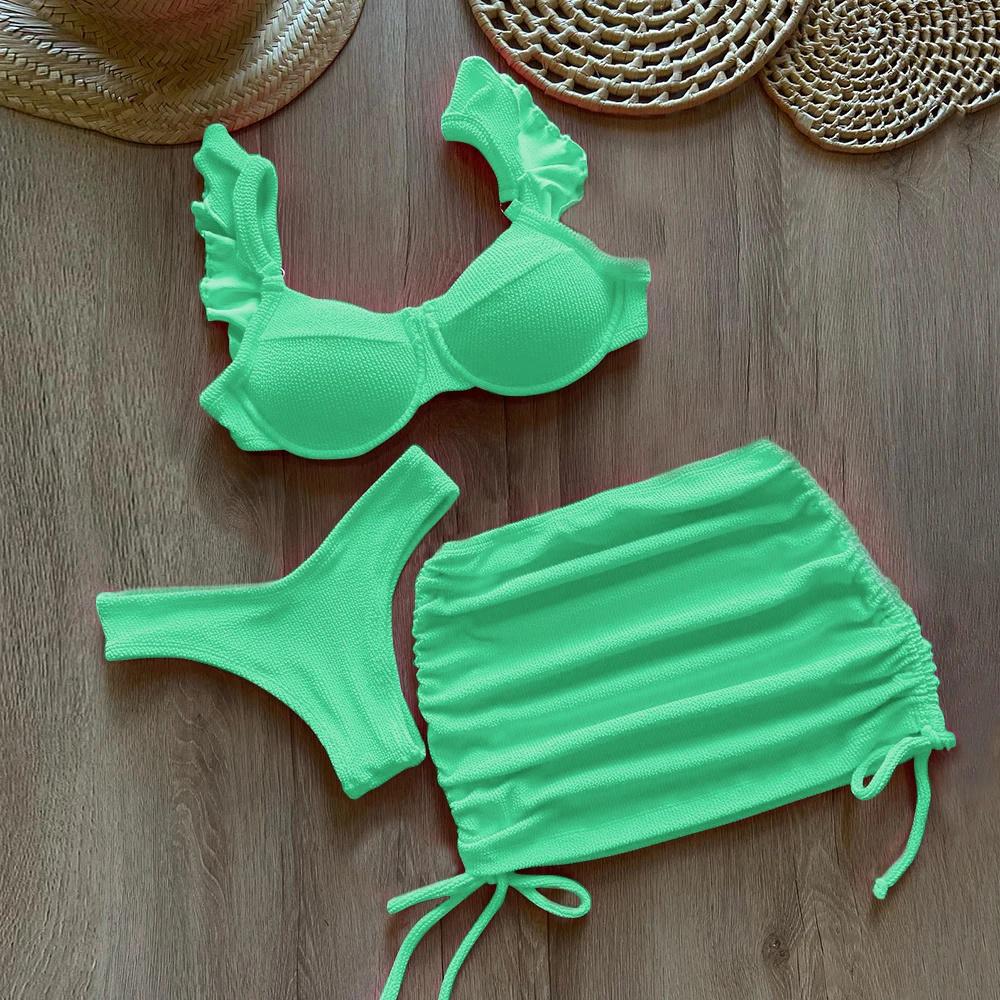 Solid Wavy Fabric Low Waist Bikini Set Cover Up Swimsuit For Women Push Up Ruffle Three Pieces Swimwear 2025 Beach Bathing Suits