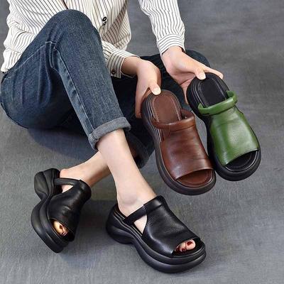 Echtes Leder Retro Dicke Sohle Peep Toe Outdoor Hausschuhe Vielseitige Damen Slip-on Schuhe