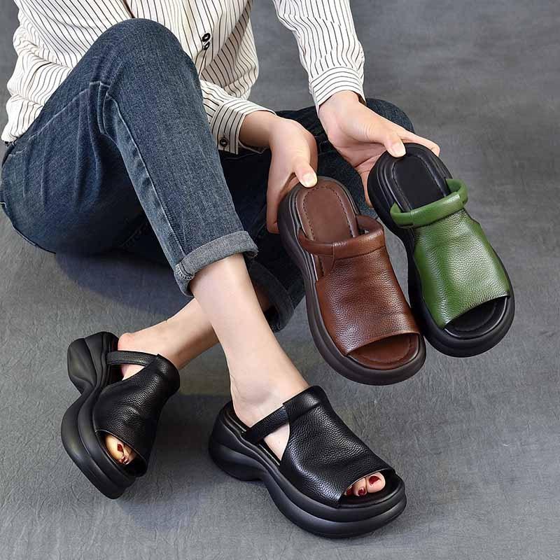 Johnature Genuine Leather Retro Thick Soled Peep Toe Outdoor Slippers Versatile Women's Slip-on Shoes