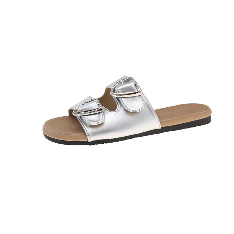 

Fashion 2025 New Belt Buckle Slippers Women s Fashion Round Head Open Toe Metal Buckle Soft Soled Non-slip Wear-resistant Flat Shoes 35