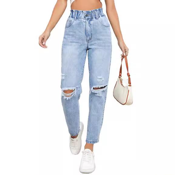 European & American Style Women's Slimming Ripped Straight-Leg Denim Pants