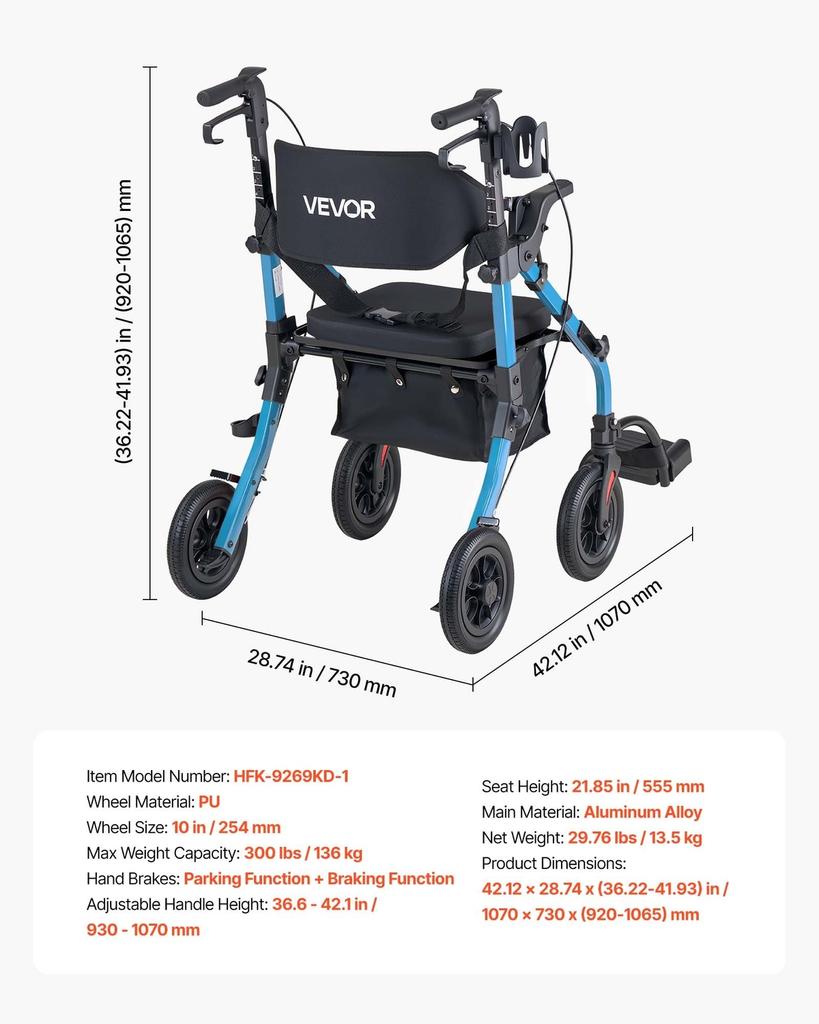 2-in-1 Rollator Walker & Transport Chair for Seniors, Foldable Rolling Walker Wheelchair, Lightweight Aluminum Mobility Walking Aid with Solid PU
