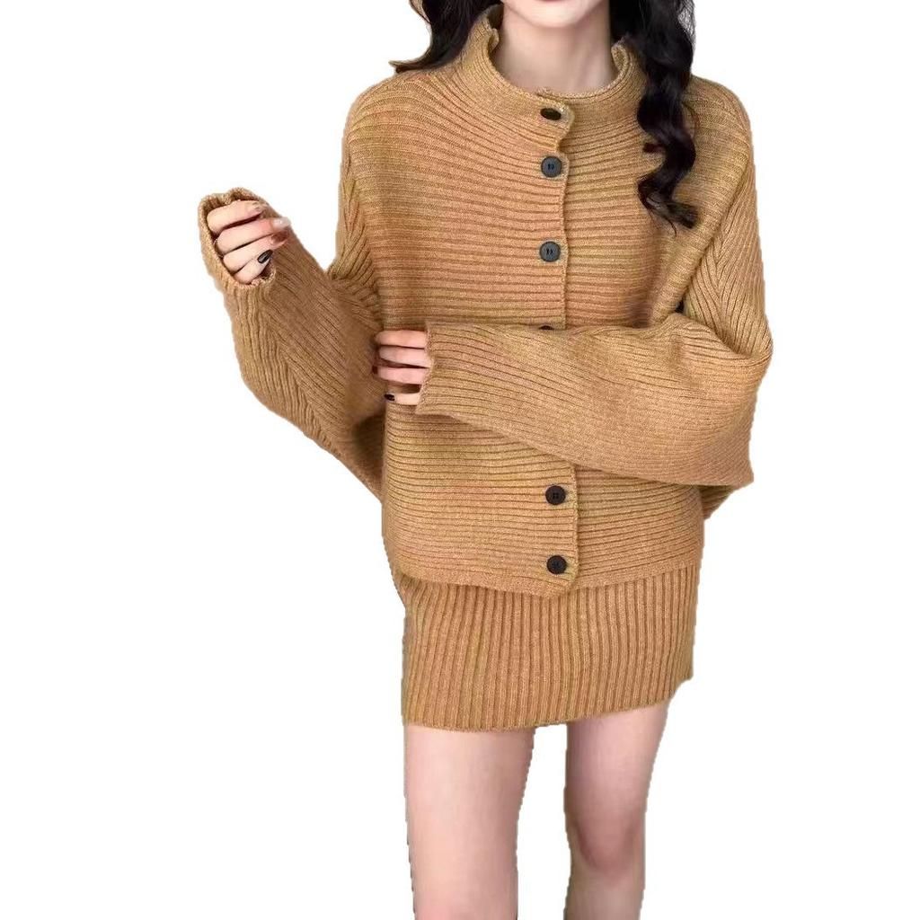 Autumn and winter new loose casual knitted turtleneck long-sleeved sweater women's cardigan top + skirt two-piece set