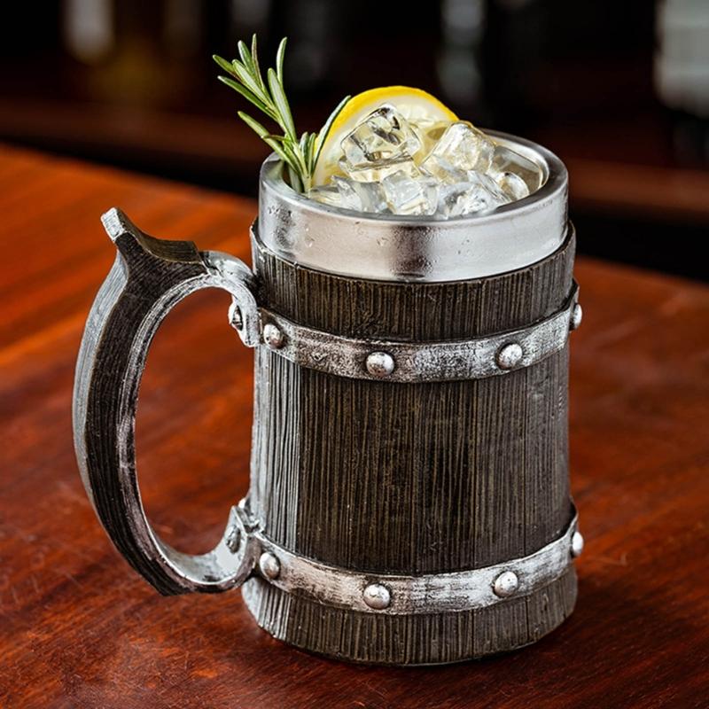 Large Capacity Beer Mugs For Outdoors Use With Retro Woodgrain Finish Nonrust Steel Insulated Cup Thermal Resin Construction