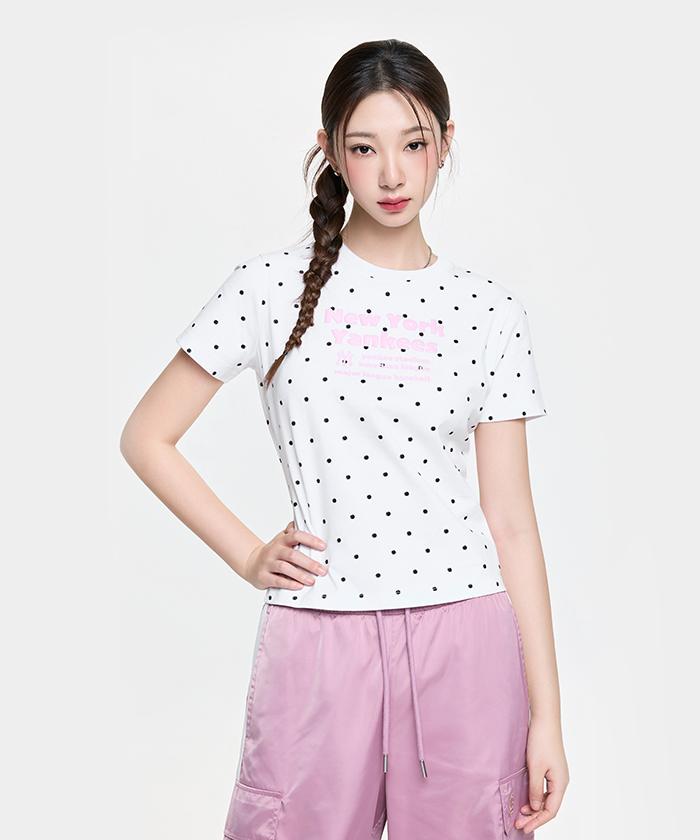 Emelbi Women'S Dot Pattern Lettering Slim Semi-Crop Short Sleeve T-Shirt Ny (White)