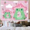 Frog Mushroom Strawberry Tapestry, Pink Cute Room Decor Aesthetic Wall Hanging Bedding Aesthetic Tapestry, Room Decor For Girls