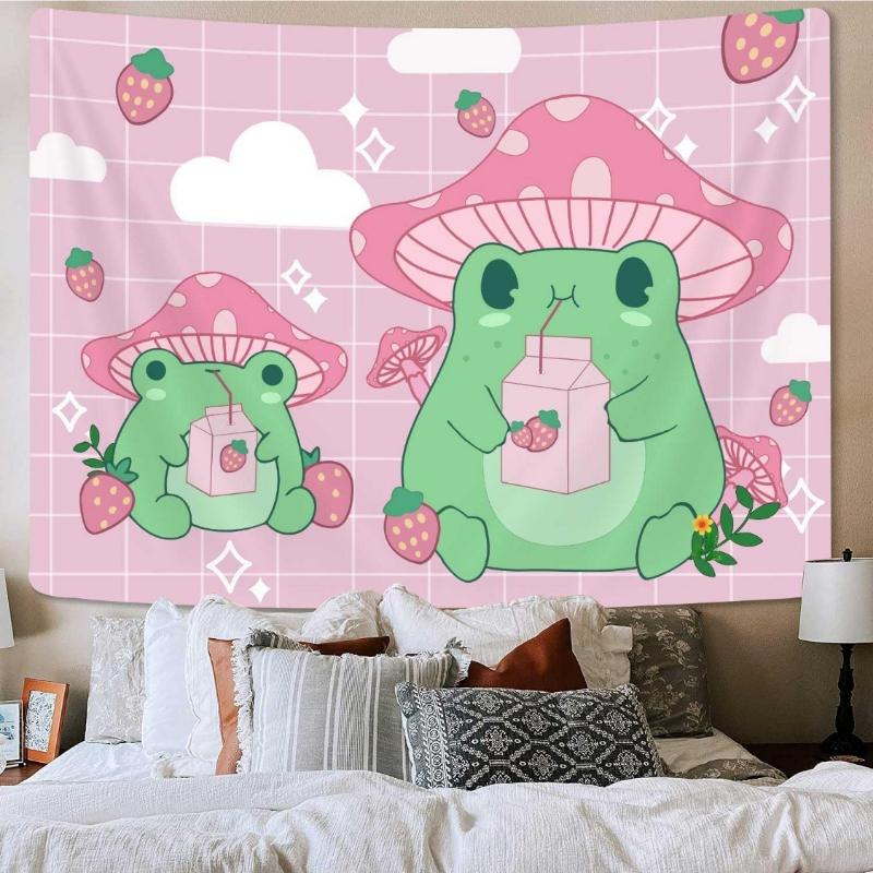 Frog Mushroom Strawberry Tapestry, Pink Cute Room Decor Aesthetic Wall Hanging Bedding Aesthetic Tapestry, Room Decor For Girls