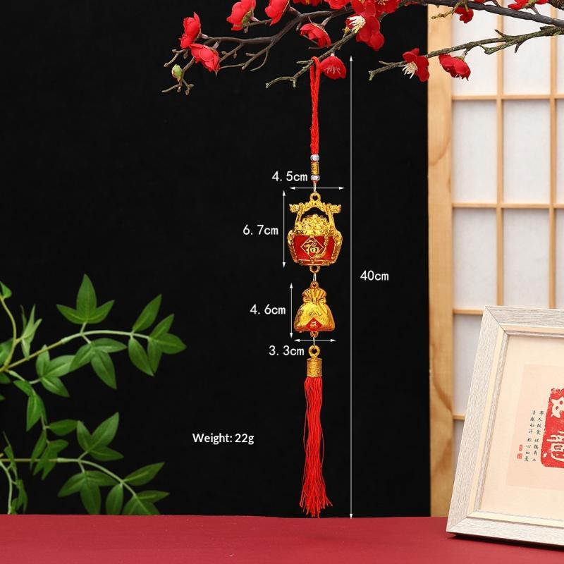 Lunar New Year Lucky Hanging Ornament with Red Tassel Golden Charm Festive Portable Decor for Travel Hotel Room Spring Festival