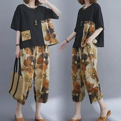 Conjunto de Dos Piezas de Moda de Verano para Mujer Tallas Grandes con Manga Corta y Pantalones de Pierna Ancha