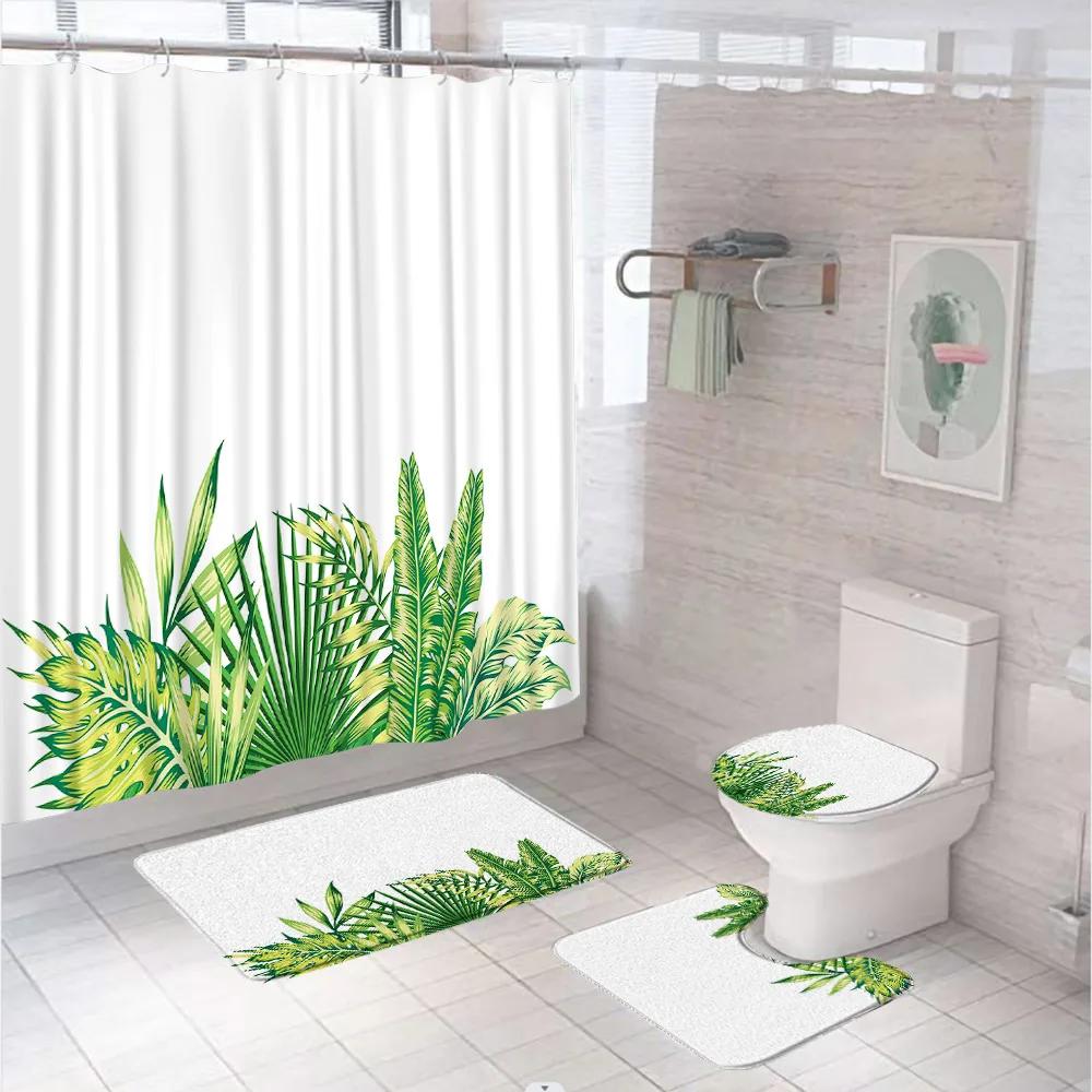 Green Gold Leaves Shower Curtain Set Summer Tropical Plant Bath Screen Bathroom Mat Non Slip U-Shape Rug Carpet Lid Toilet Cover