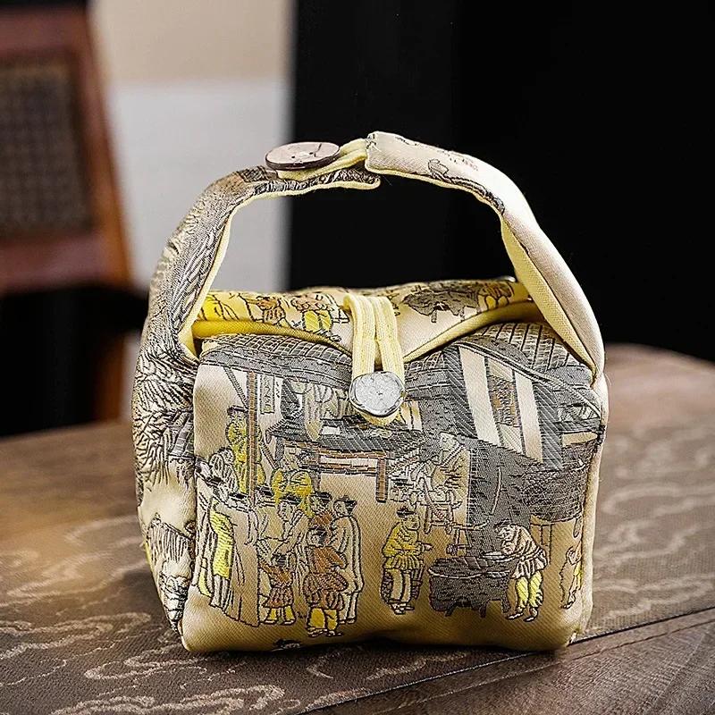 Retro Fabric Teaware Storage Bag Outdoor Travel Portable Folding Organizer Zen Thickened Ceramic Teacup Teapot Protective Sleeve