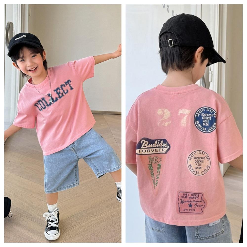 Boy's Short Sleeved T-shirt with Cartoon Print Pattern