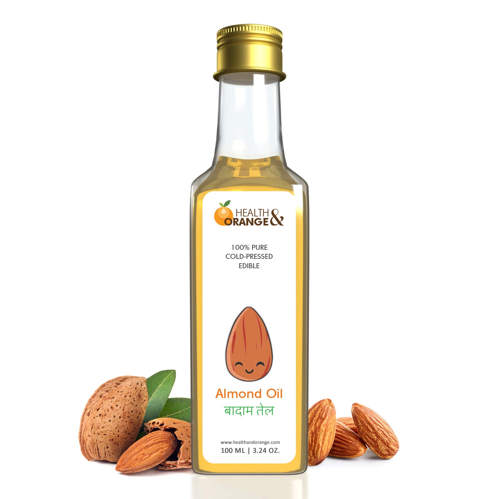 

Health and Orange H&O Sweet Almond Oil - 100% Pure Cold Pressed Edible Badam Tel - 100ml Glass Bottle, for Healthy Skin, Hair and Body