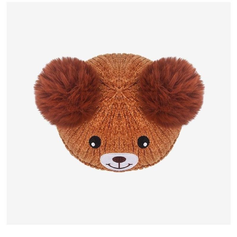 Winter Cute Bear Warm Ear-Covering Fleece-Lined Knit Hat Korean Style Baby Hat with Pom-Pom