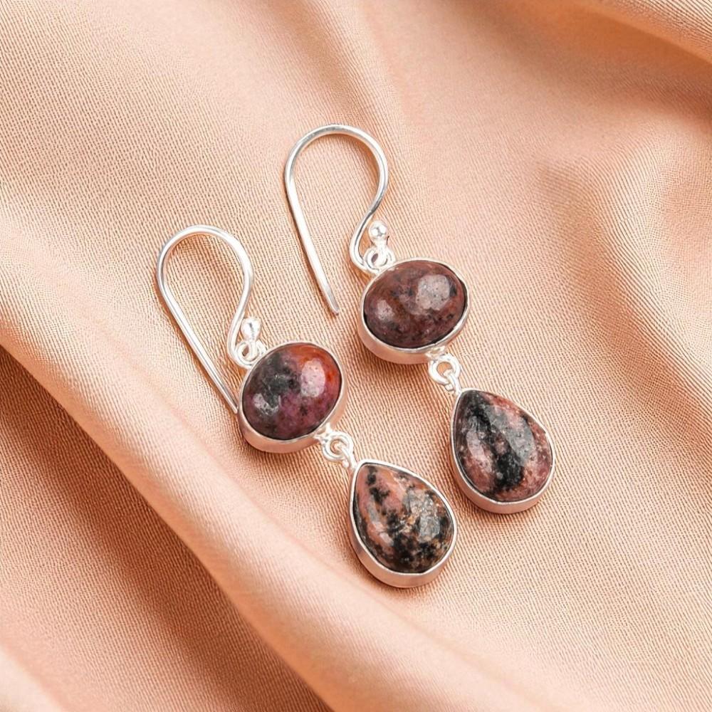 Black Rhodonite Gemstone 925 Sterling Silver Jewelry Handcrafted Earrings 1.88" EE-73-20