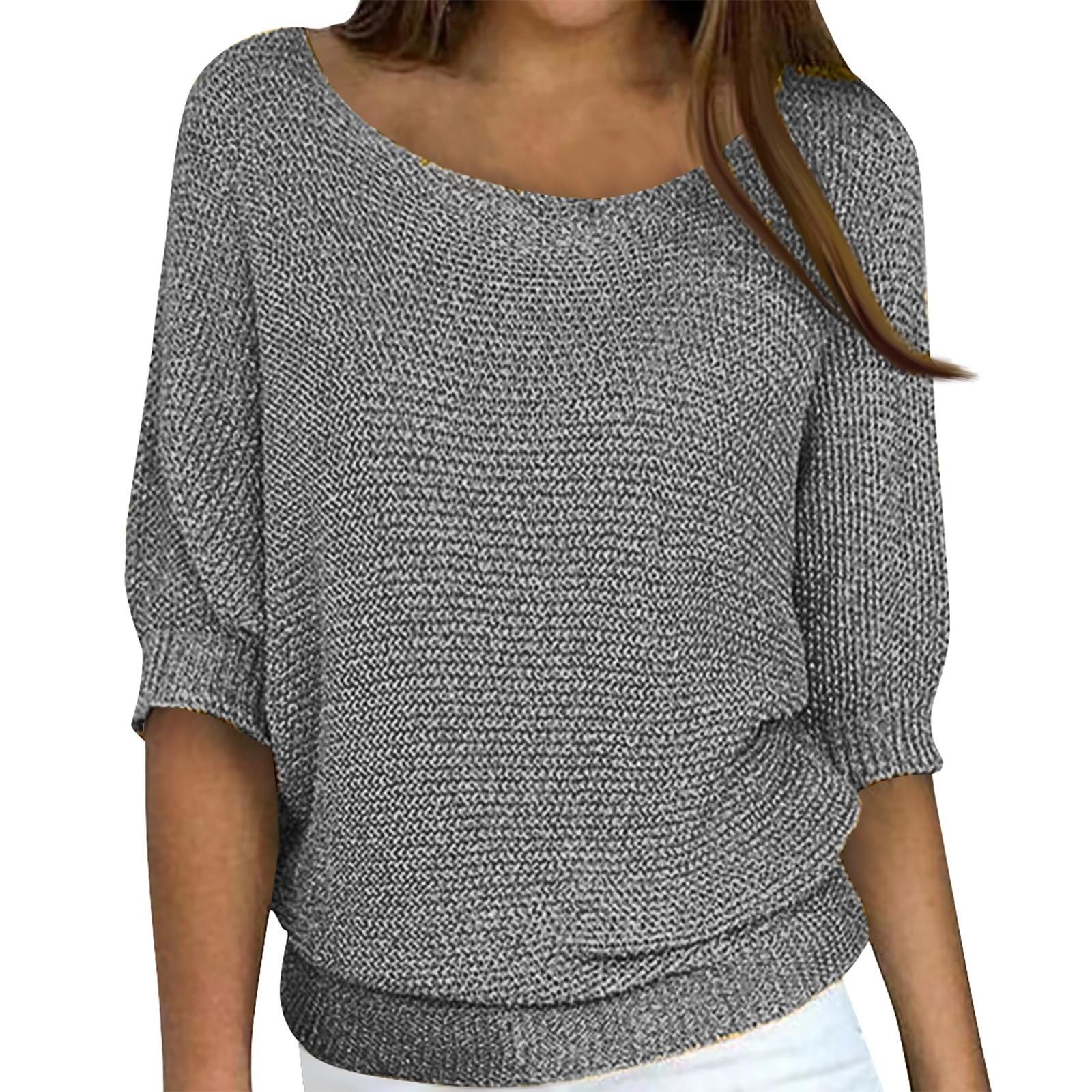 

Женская мода однотонный пуловер с круглым вырезом и рукавами 3/4, трикотажная рубашка, топ S