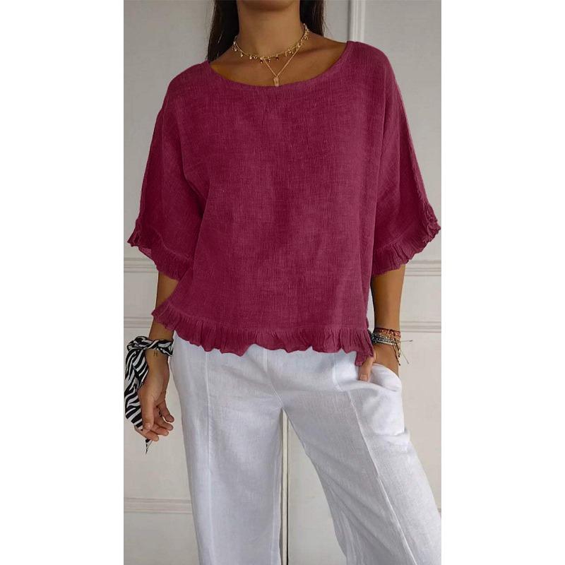 Women's Casual Loose Fit Cotton Linen T-Shirt with Frayed Hem