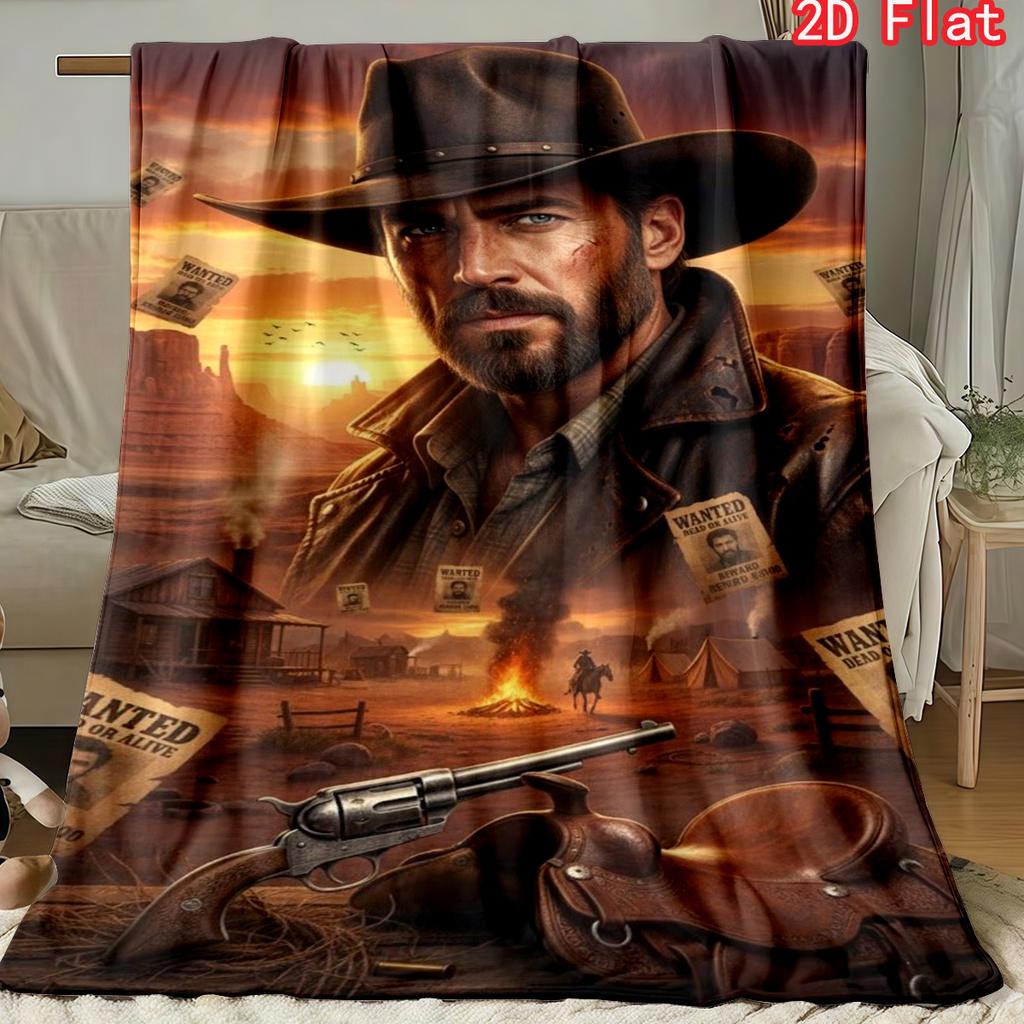 Western Gunslinger Wanted Poster Blanket, Retro Desert Game Art Themed Soft Cover