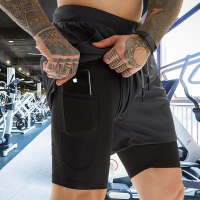 Shorts esportivo masculino, roupa esportiva de dois andares, 2 em 1, praia, verão, academia, treinamento fitness, corrida, calças curtas
