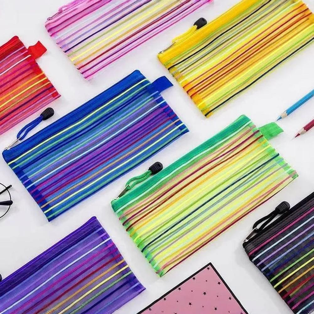 Colorful Mesh Zipper Pouch Bags Transparent Pencil Case Makeup Cosmetic Storage Bag Travel Organizer Stationery Office School