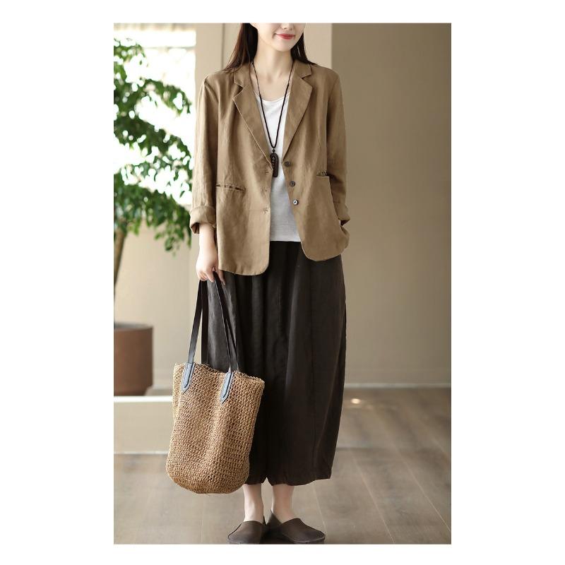 Women S Vintage Casual Blazer Jacket Turn Down Collar Cotton Linen