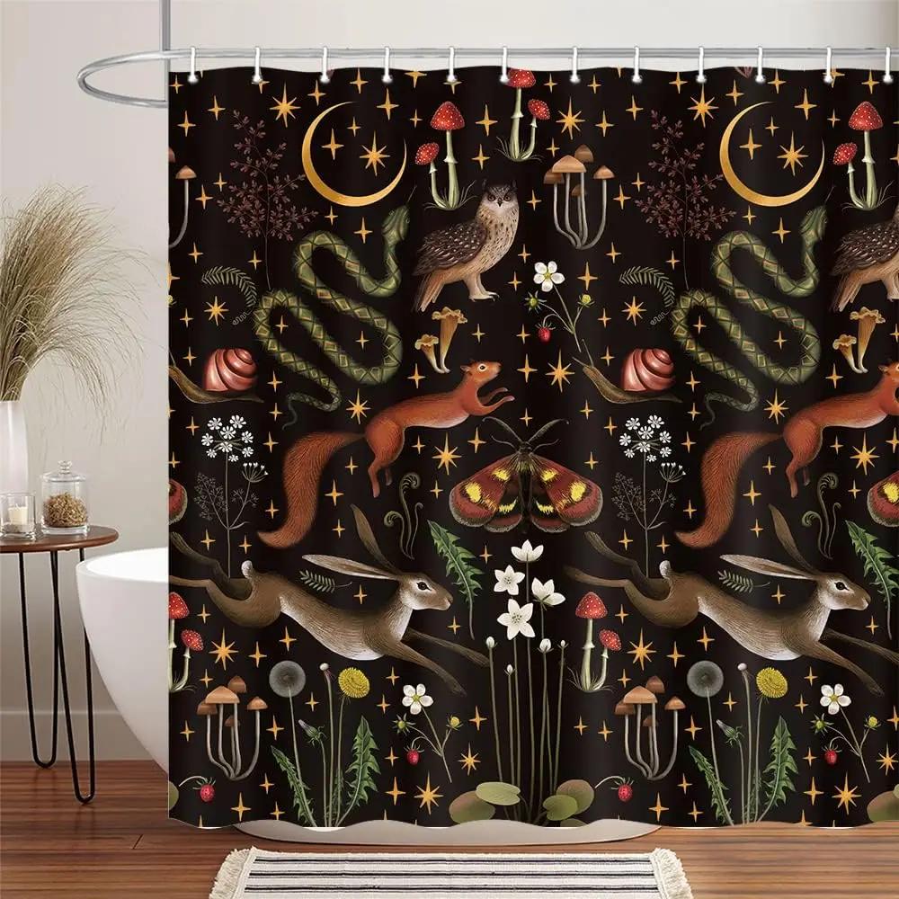 Fairy Village Forest Shower Curtain, Home Bathroom Decoration Woodland Wildlife Pattern Shower Curtain With Hook