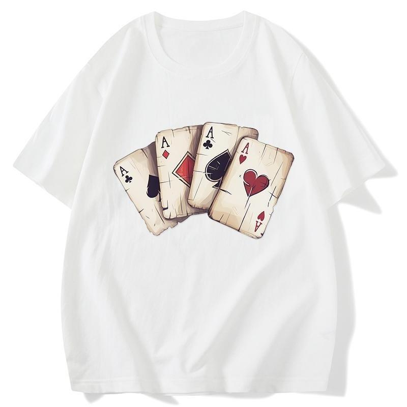 2025 New Solid Color Playing Card Printing Design Sense Round Neck Short Sleeve T-shirt Men's Large Size Loose Cotton Street Top