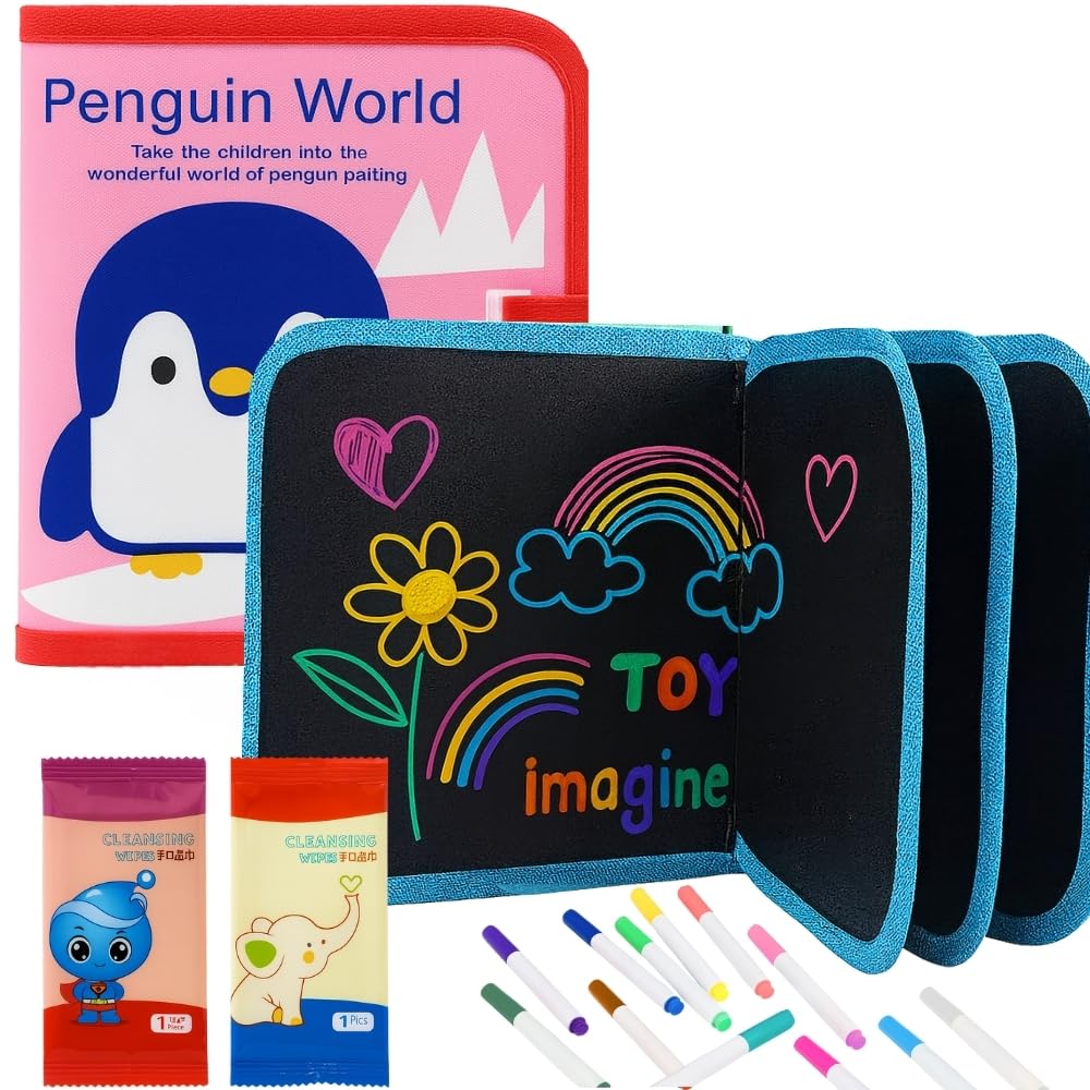Toy Imagine 14 Pages Erasable Doodle Book with Markers & Wet Wipes Reusable Drawing & Coloring Pad | Magic Water Slate Activity Kit for Boys & Gi