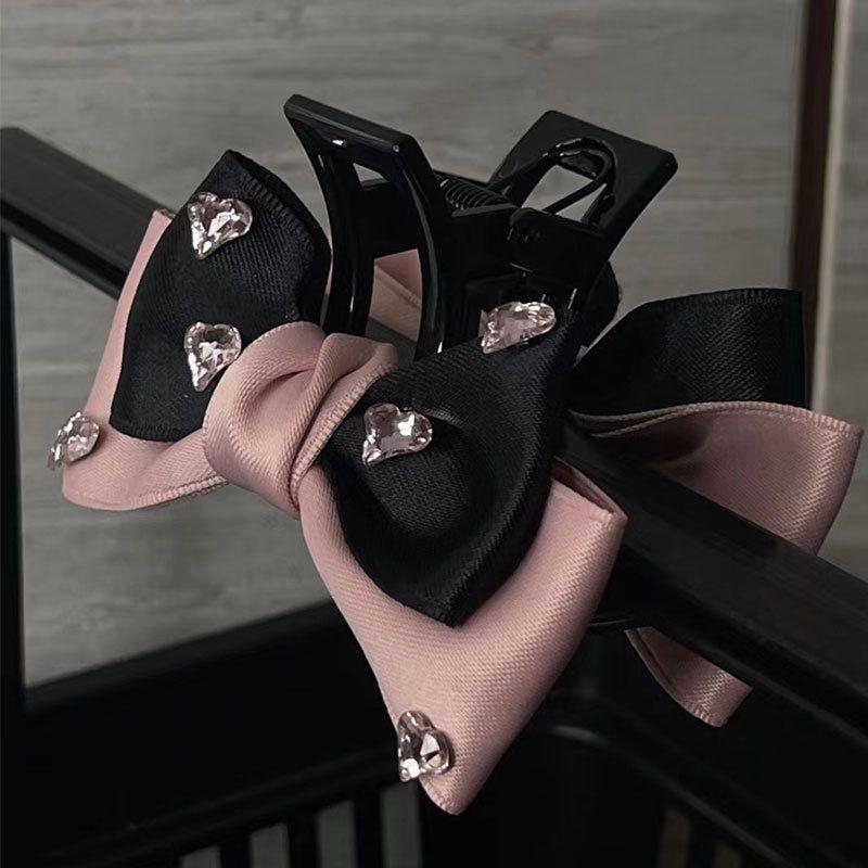 1pc Female group bow clip new pink and black satin back of head dished shark clip hair accessory