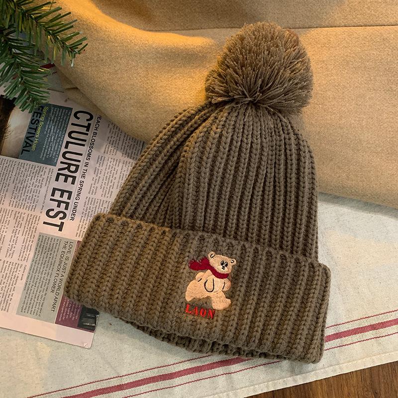 Cute Bear Coffee-colored Knitted Wool Hat for Women's New Winter Warm and Thickened Face Small Ear Protection Hat Tide