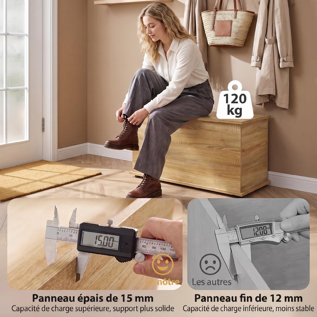 Storage Chest with Hinged Lid, 80 x 40 x 45 cm, Natural Wood