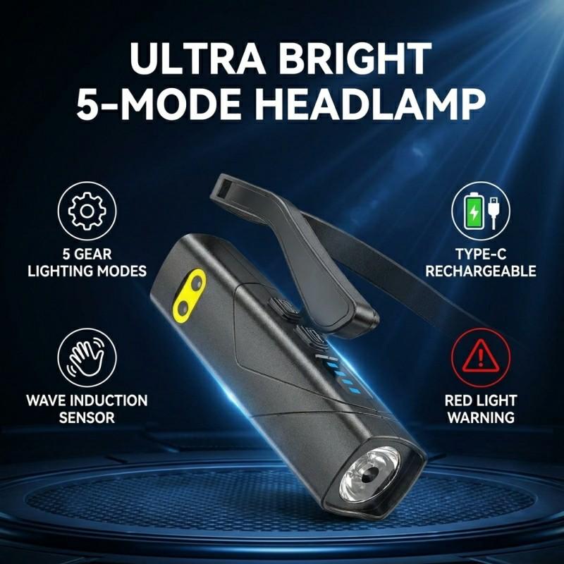 LED Hanging Ear Headlight USB Charging Motion Sensor with 5 Modes Detachable Flashlight for Fishing, Running, and Maintenance Work