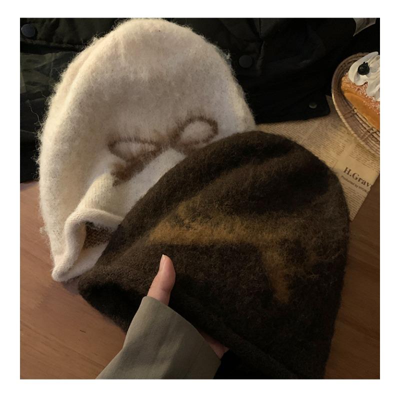Korean Style Thick Bowknot Women S Knit Beanie Hat Autumn Winter Warm Windproof