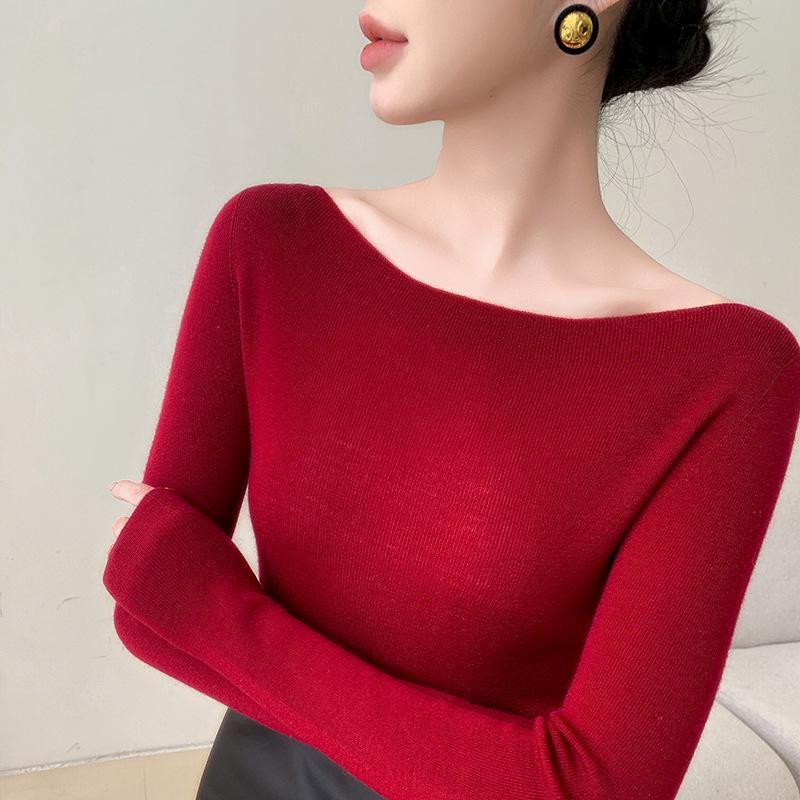 2025 Women's 100% Wool Seamless Slim Fit One-Shoulder Fine Knit Sweater, Machine Washable, 18 Gauge Yangzi Yarn