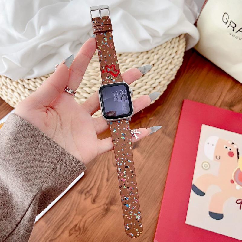 

Compatible Leather Watch Band with Embroidered Horse Sequins for Apple Watch 11, Huawei FIT4, and Xiaomi Huawei FIT3/4/4 Pro коричневий