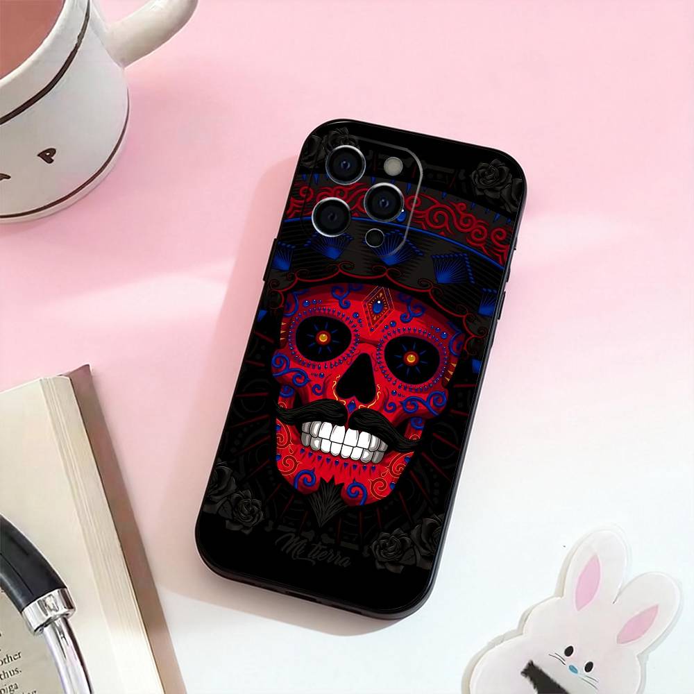 Mexican Catrina Skull  Phone Case For iPhone 17,16,15,14,13,12,11 Plus,Pro Max,Soft Silicone Black Cover