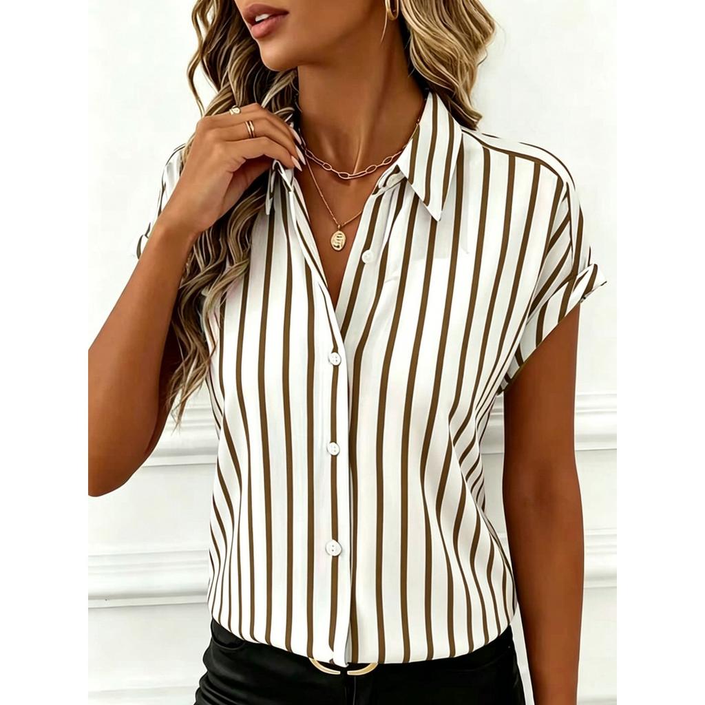 Nuova Blusa a Maniche Cadenti a Strisce con Bottoni da Donna per l'Estate