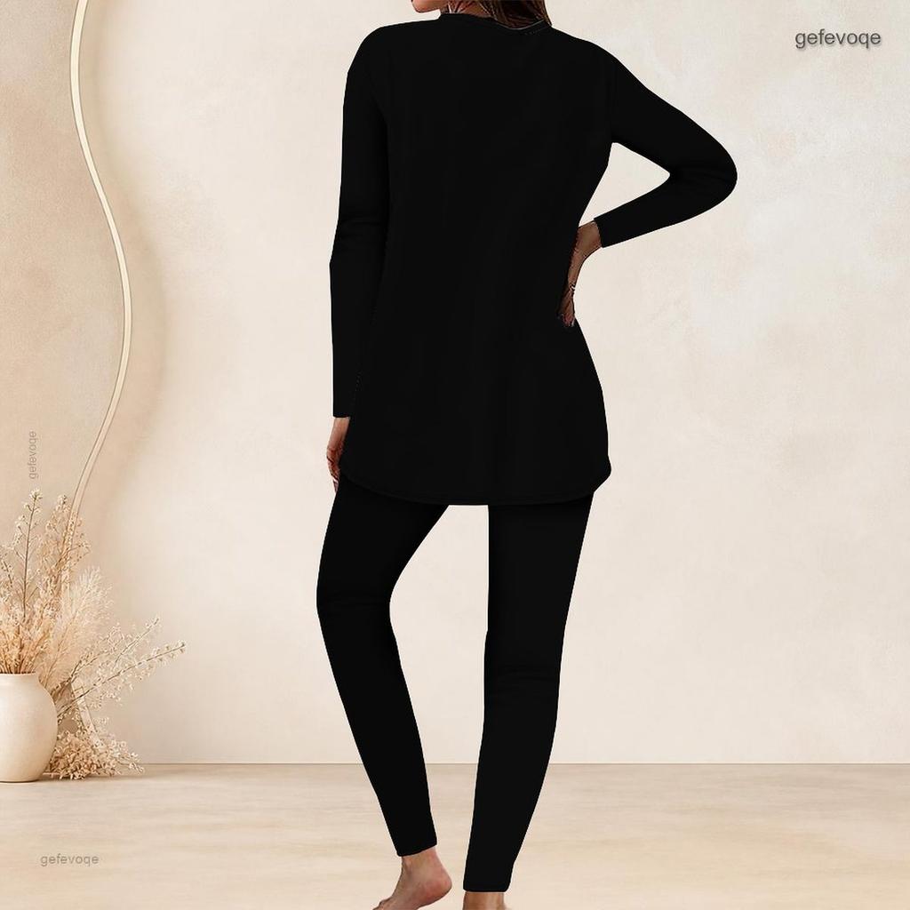 Women Plus Size Two Piece Set Round Neck Long Sleeve Black White Geometric Printed Longline Top Fitted Pants