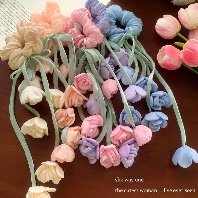 Elegant Floral Tulle Scrunchie With Fringe Detailing Headbands Rope Hair Band For Everyday Styling