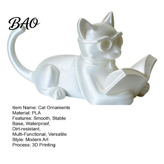 Study Room Cat Figurine Reading Ornament, 3D Printed Desk Decor with Glasses & Book, Multi-Functional Decoration Phone Stand Holder Bookend,