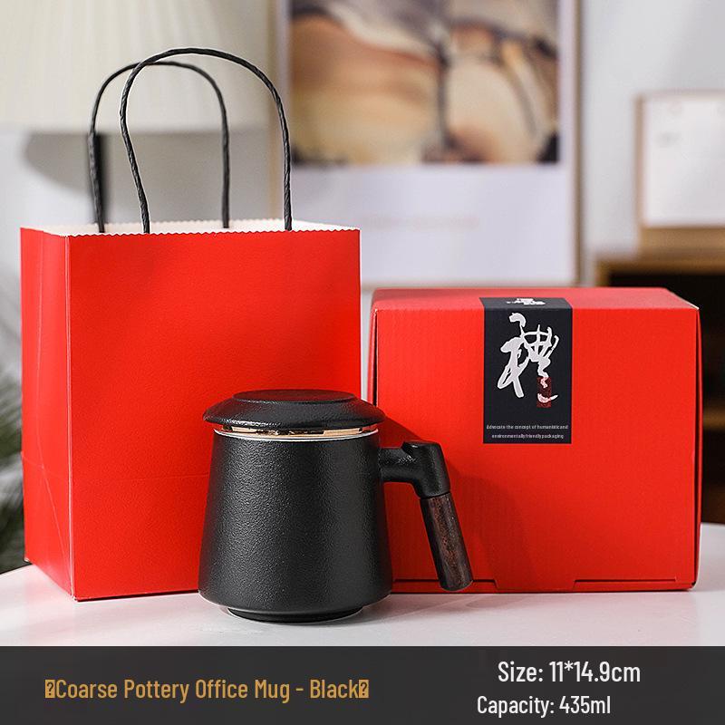 Wooden Handle Ceramic Filtered Tea Cup with Gift Box