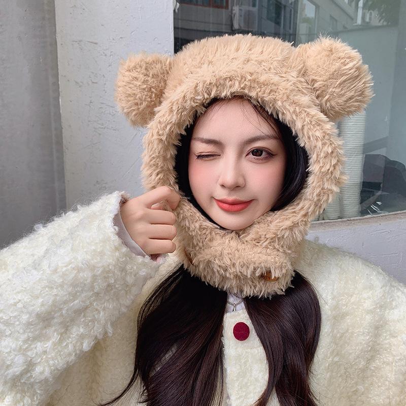 Plush Balaclava Hat for Women In Autumn and Winter Big Head Circumference Warm Hat for Women Bear Ear Knitted Ear Protection Lei Feng Hat