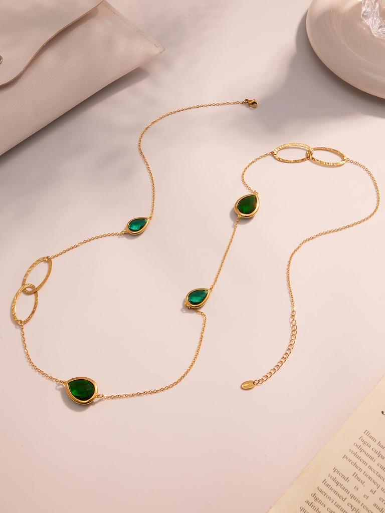 European & American Water Drop Glass Stone Long Sweater Necklace with Hollow Round Ring in Non-Fading Titanium Steel