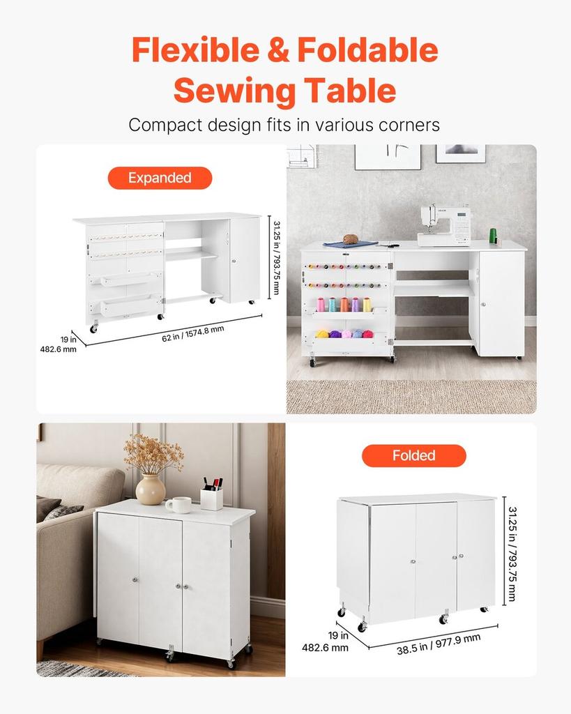 Folding Sewing Table, Multipurpose Sewing Machine Table with Cabinet, Compact Design, Wheels, Wooden Pegs, Storage Trays and Shelf, Magnetic Door,