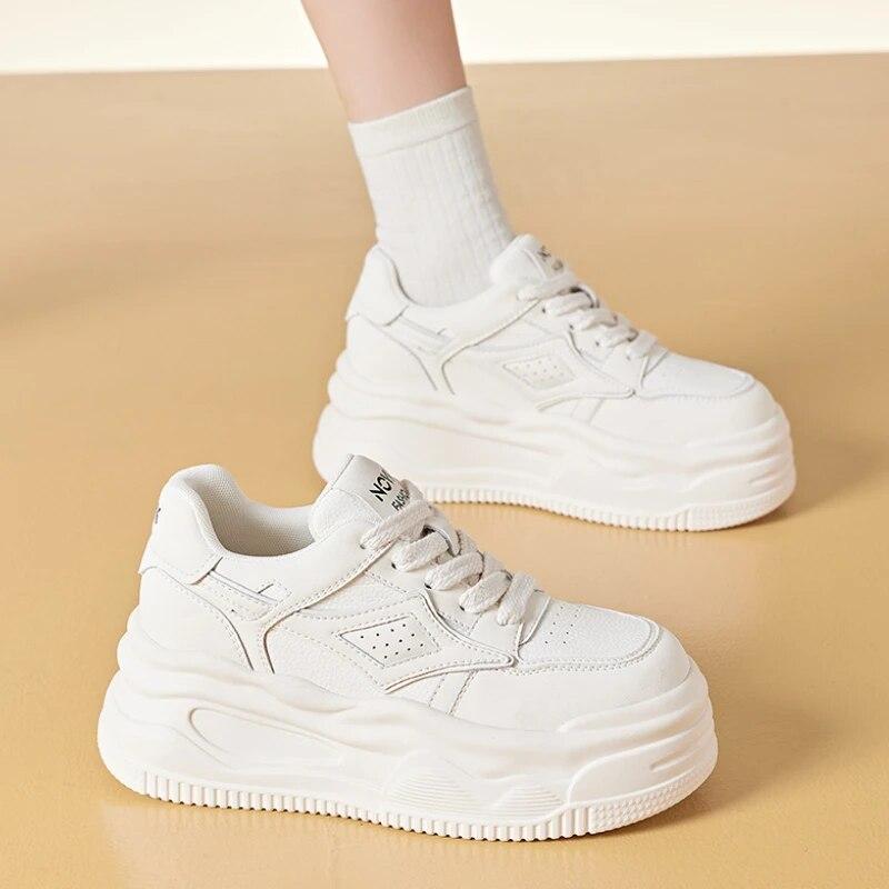 Fujin 8,5 cm Ku ekte skinn Vulcanize Comfy Boots Plattform Flats Høst Damer Vår Pils Mules Chunky Sneaker Damesko