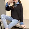 Fake Two-piece Sweater Women's Patchwork Denim Shirt with A Collar Casual Top Loose Long-sleeved Pullover and A Knitted Sweater