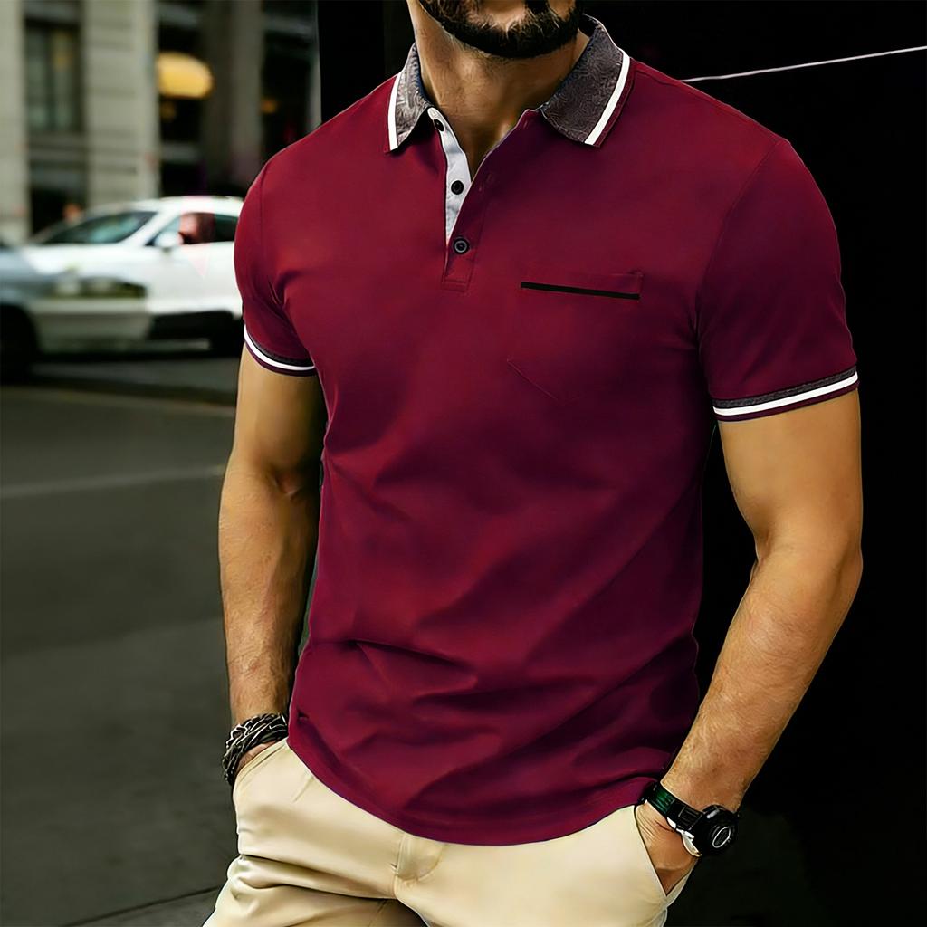 Polo da uomo a maniche corte con colletto e taschino, top casual a vestibilità classica per l'uso quotidiano