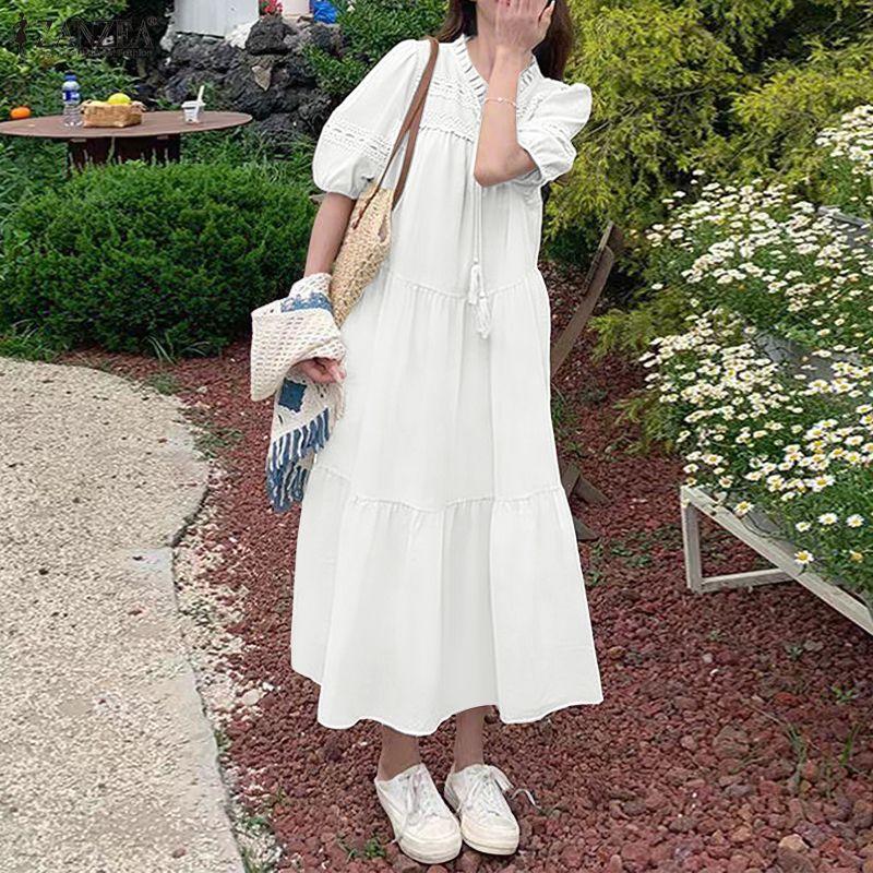 ZANZEA Women Casual Round Neck Elegant Lace Patchwork Short Sleeve Long Dress
